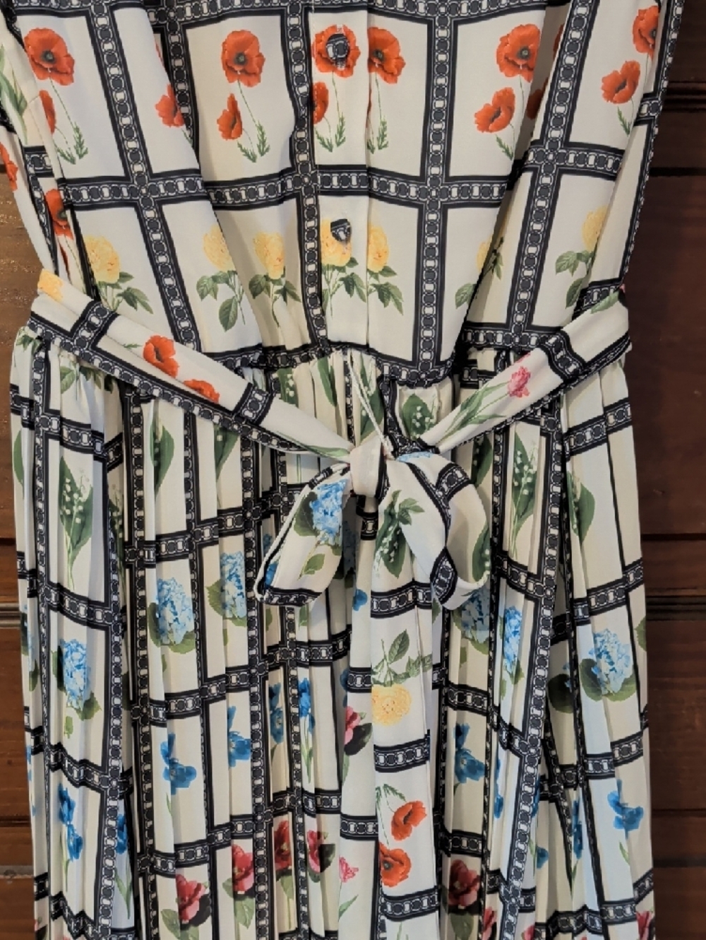 Floral Grid Print White Midii Dress with Tie Waist Flutter Sleeves L Tahari - Picture 4 of 14